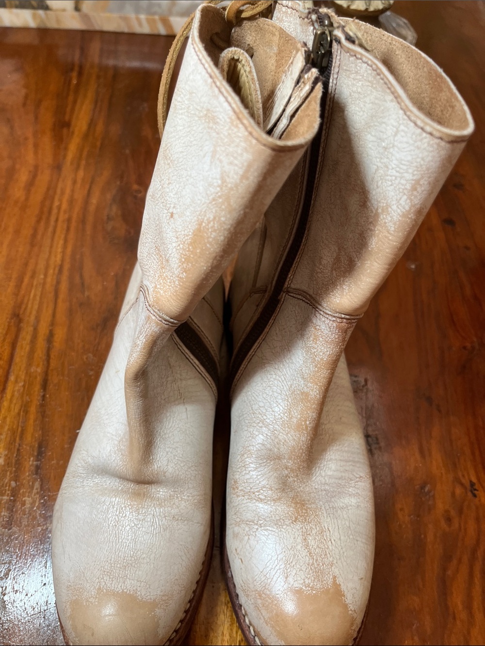 Women's Cream Leather Mid-Calf Zip Boots